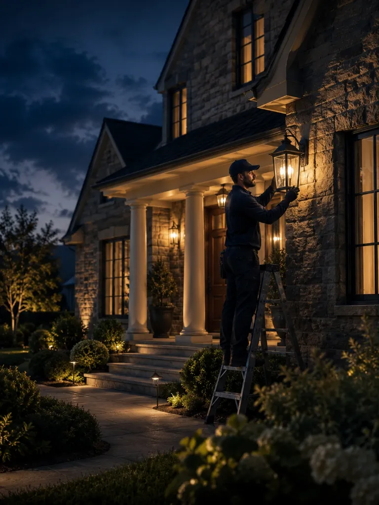 Technician adjusting exterior wall lighting on the home at night