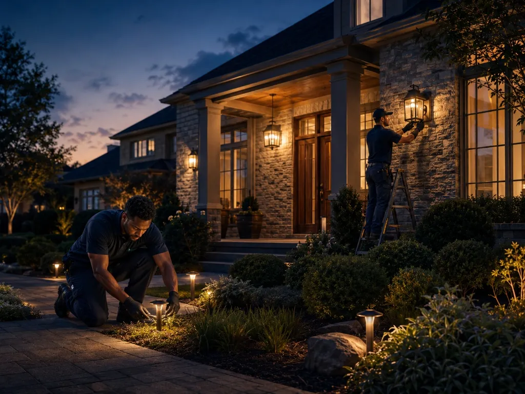 Technicians working on landscape lighting around the home at twilight